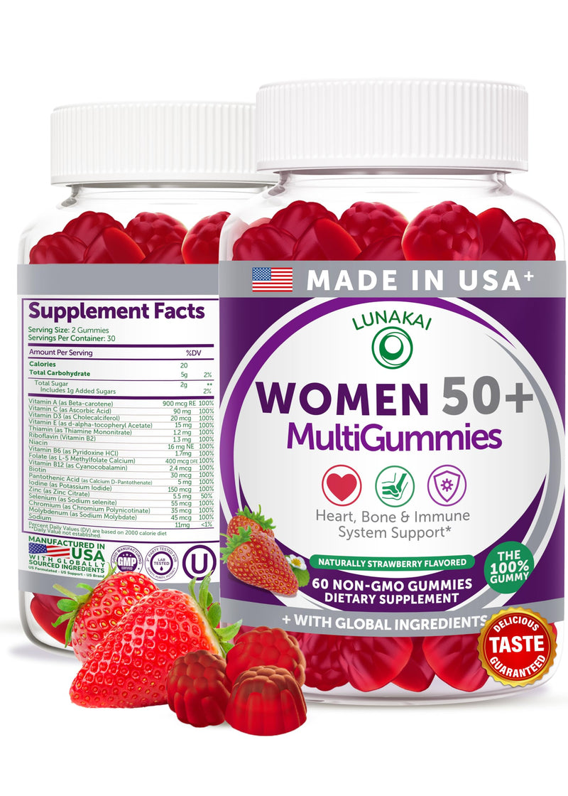 Lunakai USA Made 50 Plus Women's Multivitamin Gummies - Delicious Formula Enhanced with Essential Vitamins & Minerals for Health & Vitality - 60ct Single Bottle