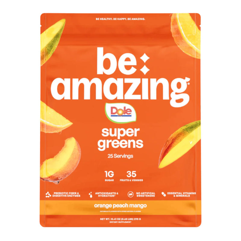 [Australia] - BE AMAZING Super Greens Powder with Prebiotics, Digestive Enzymes & Antioxidants, 35 Fruits & Veggies, Electrolytes & Fiber, Vegan, Gluten Free Juice & Smoothie Mix, Dole Orange Peach Mango, 25 Serv 