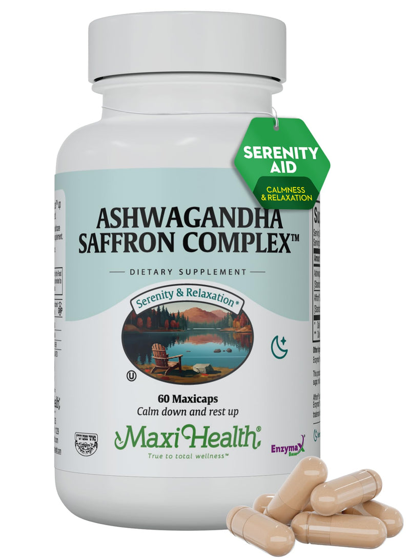 Maxi Health Ashwagandha Supplements Complex with Saffron – 600mg Ashwagandha Capsules & 30mg Saffron Extract for Stress Relief, Mood & Calm – Kosher, 60 Capsules Unflavored 60 Count (Pack of 1)