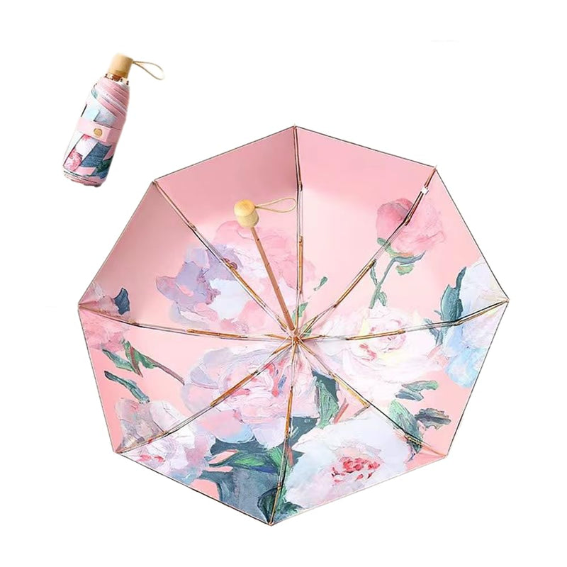 Dual-use Elegant Super Lightweight Manual Compact Travel Folding Umbrella For Rain Wind and Sun, Double-sided Printed Oil Painting Floral Umbrella UV Protection UPF50+