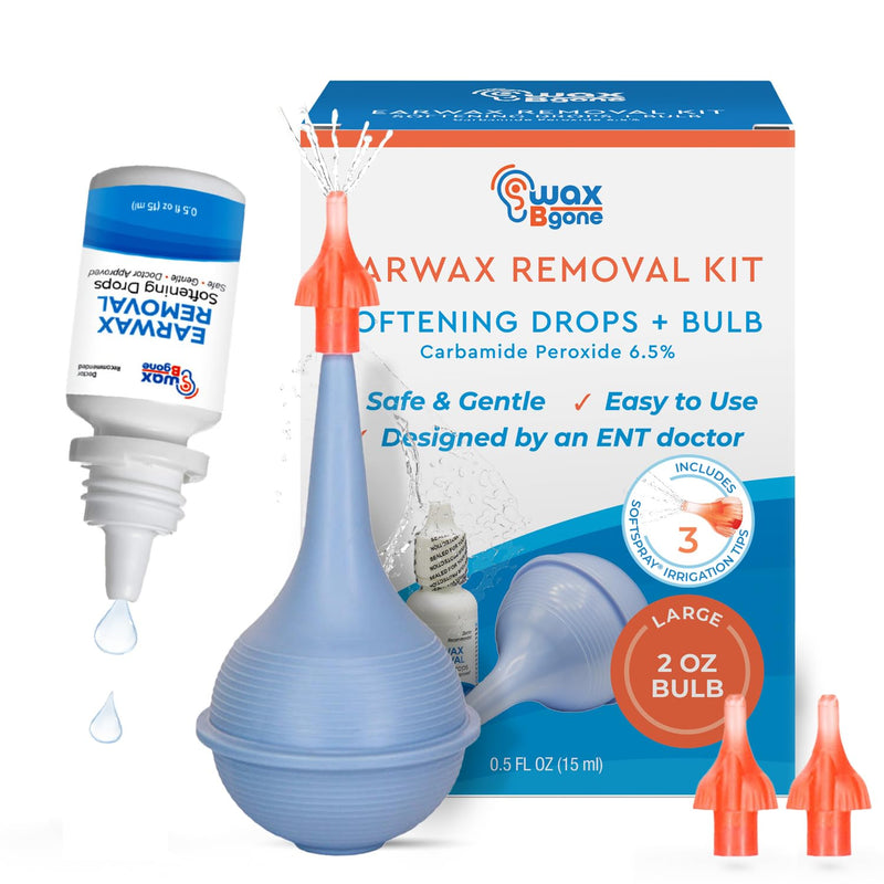 [Australia] - WaxBgone Earwax Removal Kit with Drops, Large 2-oz Ear Bulb Syringe & 3 SoftSpray Tips - Safe & Effective Ear Cleaning Kit - Wax Softening Formula Dissolves Earwax with Gentle Foaming Action - 0.5 Oz 3 Tips 