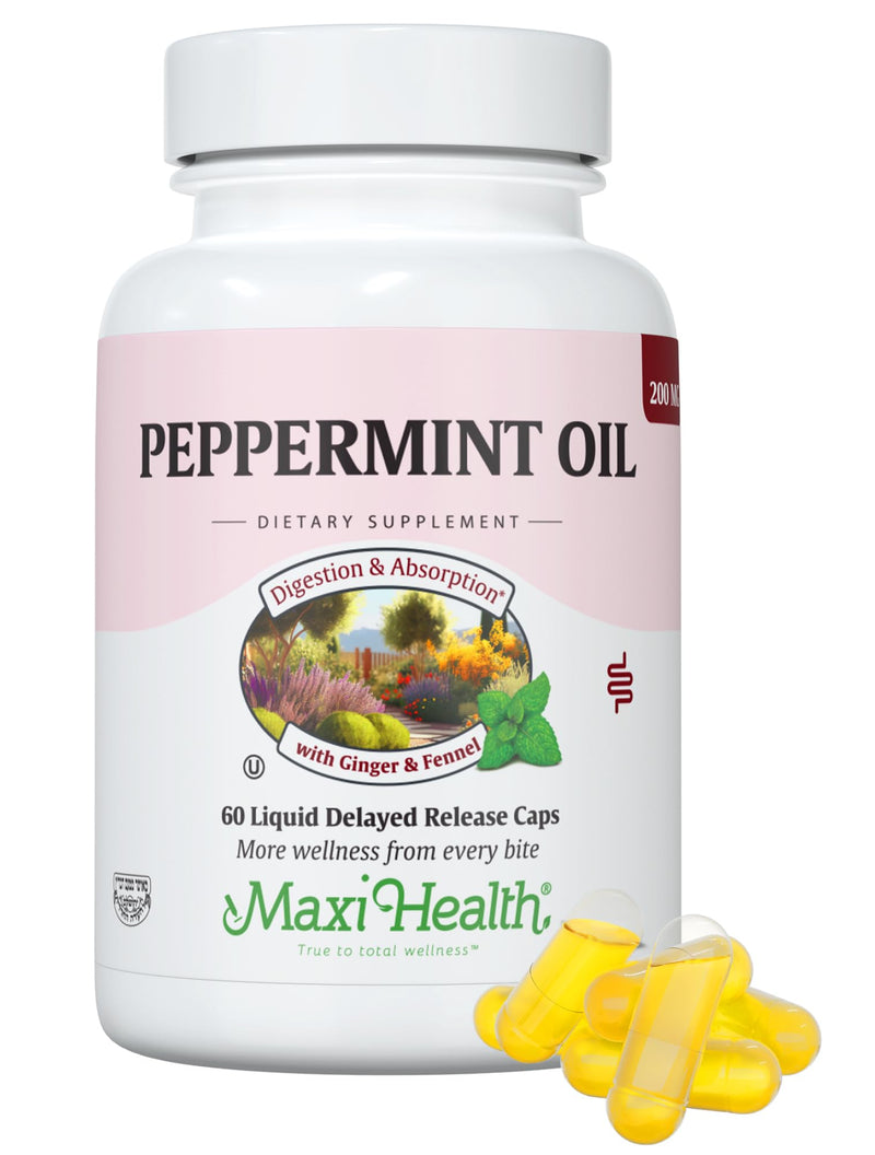 [Australia] - Maxi Health - Peppermint Oil with Ginger & Fennel Delayed Release Capsules - Digestion & Absorption Ingestible Dietary Supplement with Natural Essential Oil Ingredients - Digestive Health Support Unflavored 60 Count (Pack of 1) 