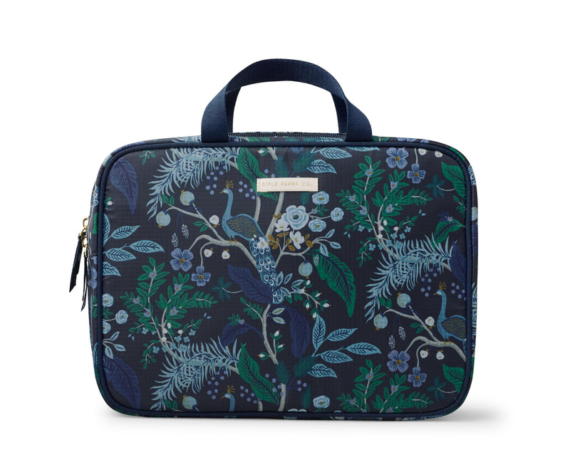RIFLE PAPER CO. Peacock Travel Cosmetic Case w/Removable Clear Pouch | 8.25" L x 11.25" W x 2.83" H, Lay-Flat Design, Zip-Around Closure, Storage Pockets, Cotton Canvas with Clear PVC Coating