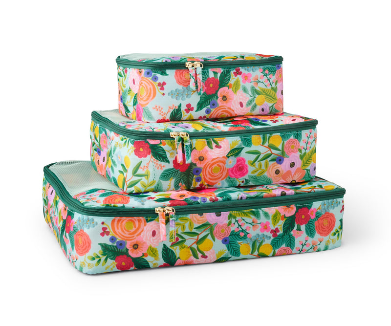 RIFLE PAPER CO. 3 Set Compression Packing Cubes with Zipper Pull & Laundry Bag | Organizer Travel Essentials for Luggage/Suitcase | Garden Party Pattern