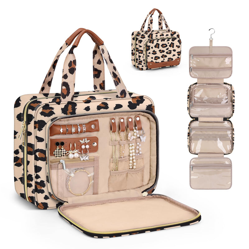 Toiletry Bag for Women, Hanging Travel Toiletry Bag with Jewelry Organizer Compartment Large Makeup Bag, PVC Waterproof Cosmetic Travel Bag Trips Camping Bathroom, Leopard Print
