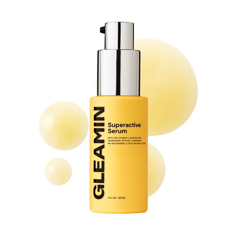 Gleamin Superactive Vitamin C Serum for Face, 1 fl oz, 15% Vitamin C | with Niacinamide, Bakuchiol & Hyaluronic Acid - Brightening Facial Treatment for Uneven Tone, Dark Spots & Radiant Glow