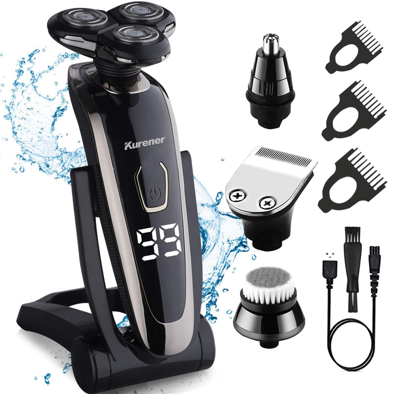 [Australia] - Electric Razor for Men Shaver Rechargeable Waterproof Rotary for Shaving with Nose Trimmer Sideburns Trimmer Face Cleaning Brush 