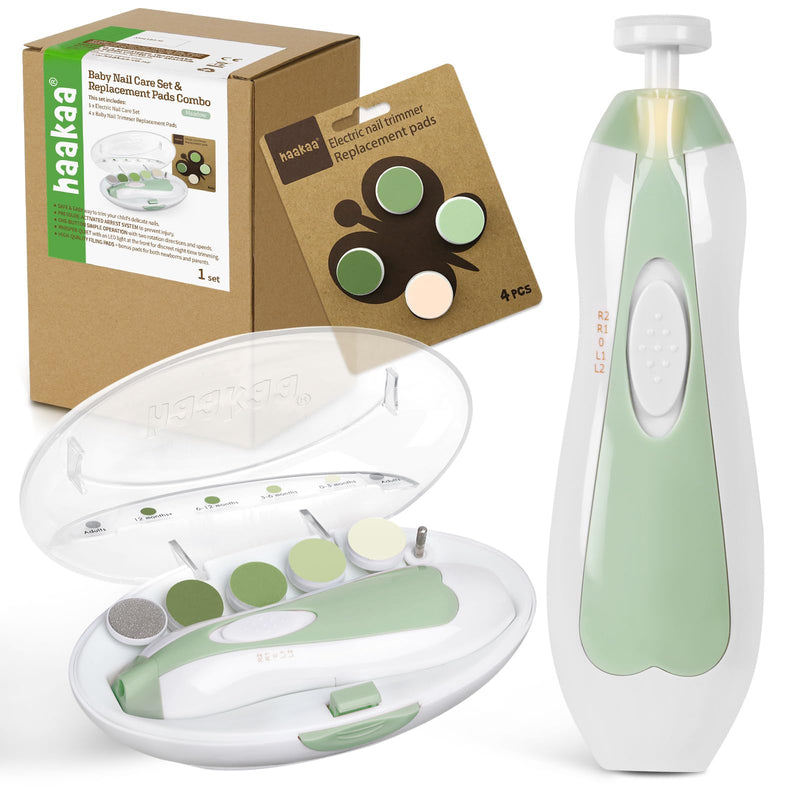 [Australia] - haakaa Baby Nail Trimmer Electric Baby Nail Clippers Kit for Newborn, Toddler or Adults Fingernails and Toenails Care, Baby Nail Care Set & Extra 4 Replacement Pads Combo - Meadow 