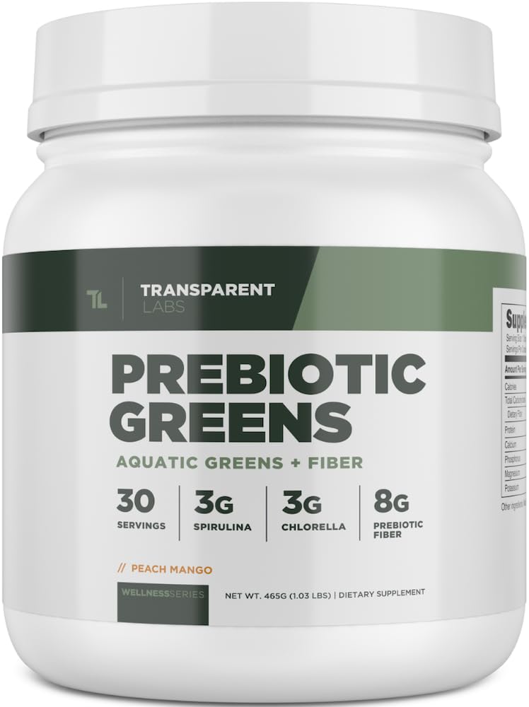 [Australia] - Transparent Labs Prebiotic Greens - Greens Superfood Powder & Antioxidants Supplement with Organic Spirulina, Organic Chloerra, Organic Acacia Powder, & Green Banana Powder - 30 Servings, Peach Mango 