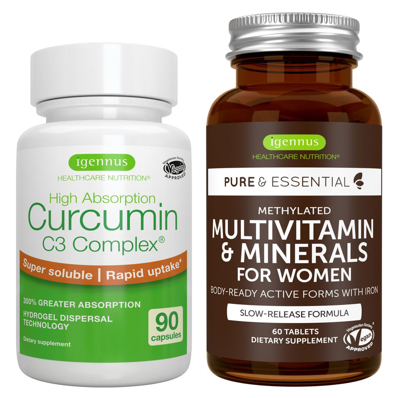 Multivitamin & Minerals for Women + High Absorption Curcumin C3 Complex, Vegan Bundle, Sustained Release Advanced Multivitamin + 300% Greater Absorption Curcuminoids with Rapid Uptake, by Igennus