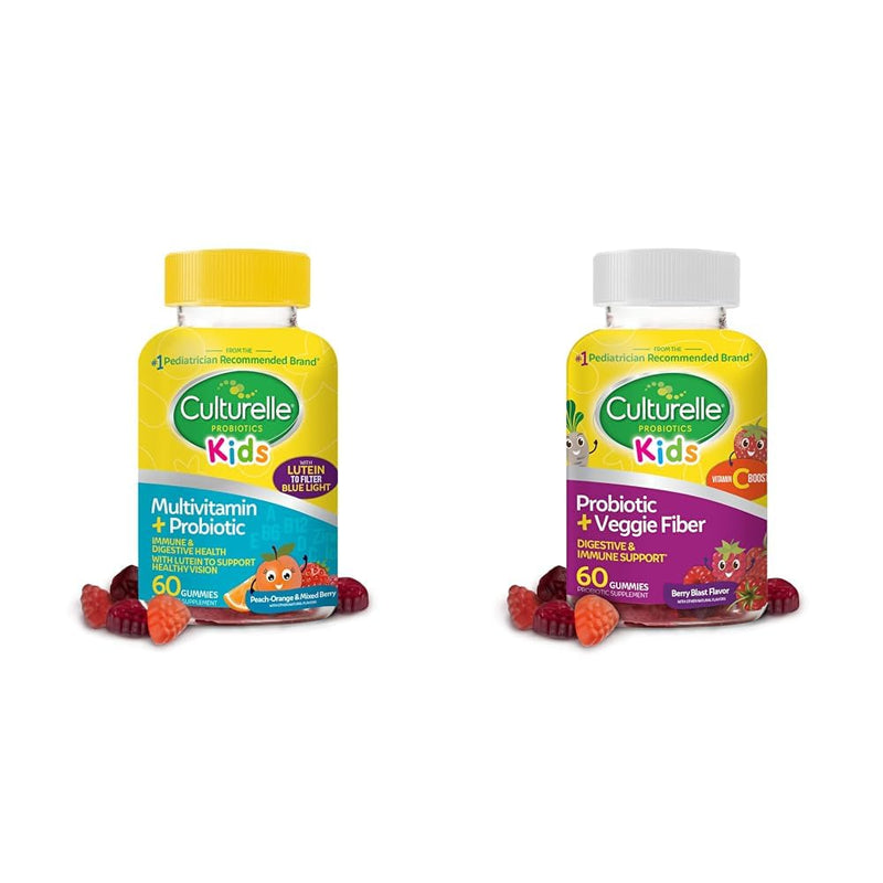 Culturelle Kids Probiotic Gummies for Ages 2+ - Peach-Orange & Mixed Berry Flavors & Daily Probiotic for Kids + Veggie Fiber Gummies (Ages 3+) - 60 Count - Digestive