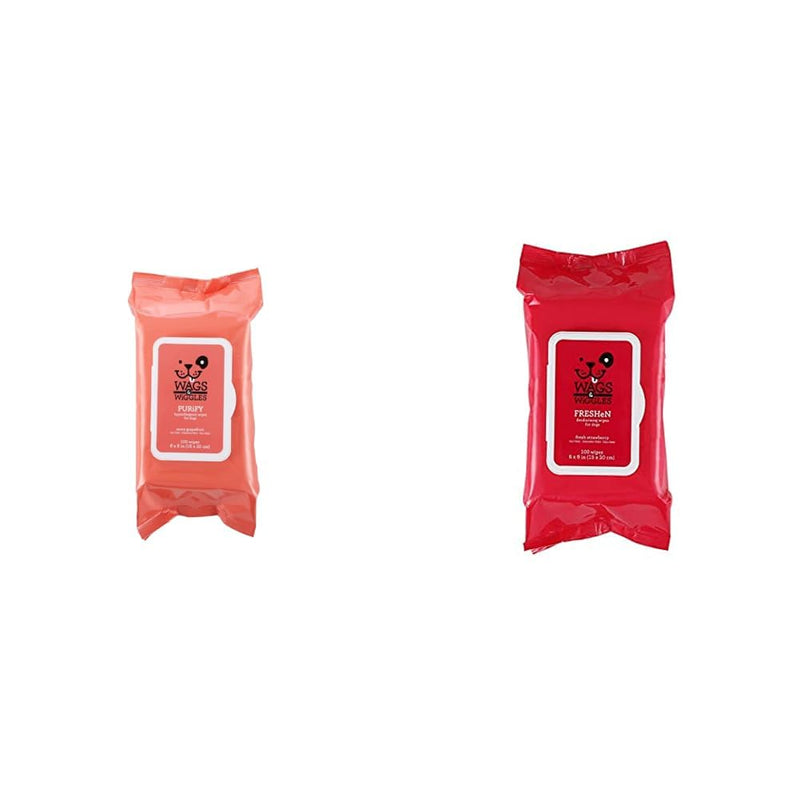 Wags & Wiggles Wipes Bundle: Purify Hypoallergenic & Freshen Deodorizing Wipes for Dogs, 100 Count Each - Zesty Grapefruit & Fresh Strawberries Scents, Clean & Eliminate Odors Without A Bath - PawsPlanet Australia