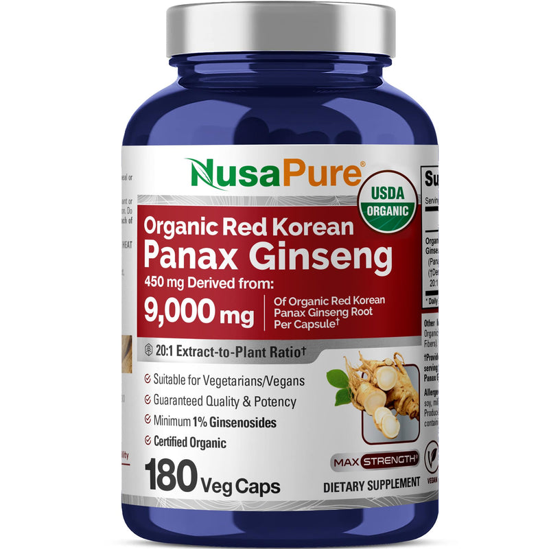 [Australia] - NusaPure Red Korean Panax Ginseng 20:1 Extract, 450 mg Equivalent to 9,000 mg 180 Veggie Caps (USDA Organic, Non-GMO, Vegan, Vegetarian, Bioperine) 180 Count (Pack of 1) 