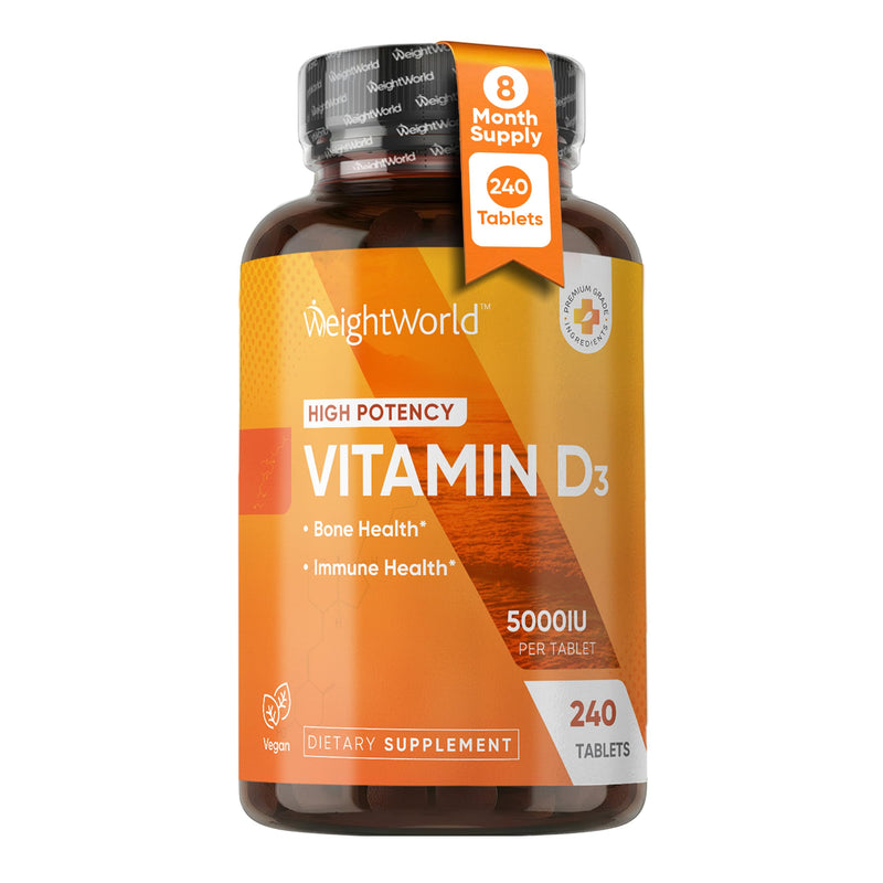 WeightWorld High Potency Vitamin D3 5000 IU (125mcg) - D3 Vitamin for Bone, Teeth, Muscle & Immune Support - 240 Easy-to-Swallow Tablets, 8-Month Supply, Vegan Plant-Based VIT D3, Non-GMO Vitamin D3 5000IU 240 Tablets