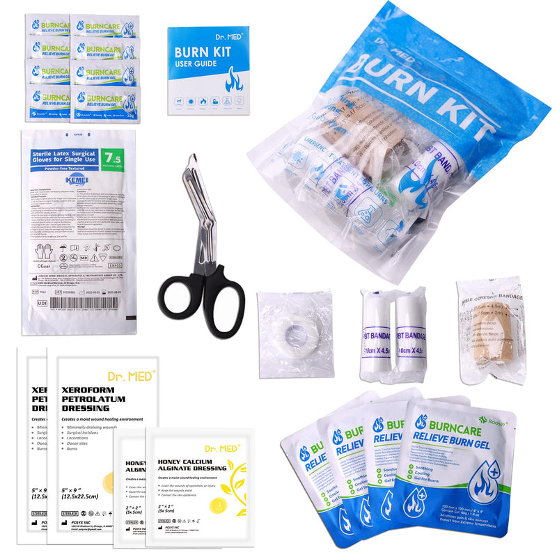 [Australia] - Dr.Med Burn Kit, 4pcs Burn Dressings 4x4”, 8pcs Burn Gel 3.5g, 4pcs Non-adherent Xeroform Petrolatum Gauze, Burn First Aid Cooling Soothing Cream with Bandage, Latex Surgical Gloves, Scissors, Tape 