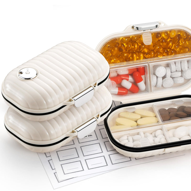 [2 Pack] Zannaki Pill Case Portable Small Weekly Travel Pill Organizer, Cute Moisture Proof Pill Box Holder for Purse, Daily Mini Pocket Pharmacy Medicine Container for Vitamin, Fish Oil, Supplement Beige/Large-2 Pack