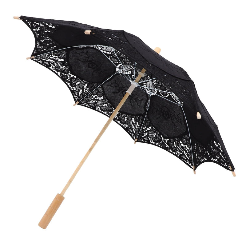 Toyvian Bridal Wedding Lace Parasol: 25.35 Inches White Lace Umbrella Women Vintage Umbrellas Handmade Boho Parasol with Black