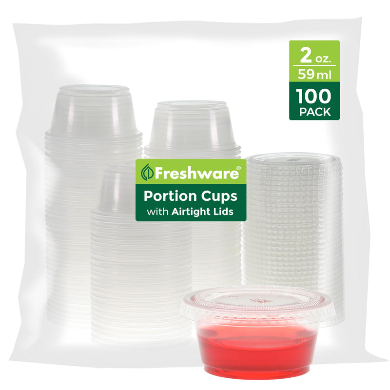 [Australia] - Freshware Plastic Portion Cups with Lids [2 Ounce, 100 Sets] Disposable Plastic Cups for Meal Prep, Salad Dressing, Jellos Shot Cups, Souffle Cups, Condiment and Dipping Sauce Cups 2 oz - 100 sets 
