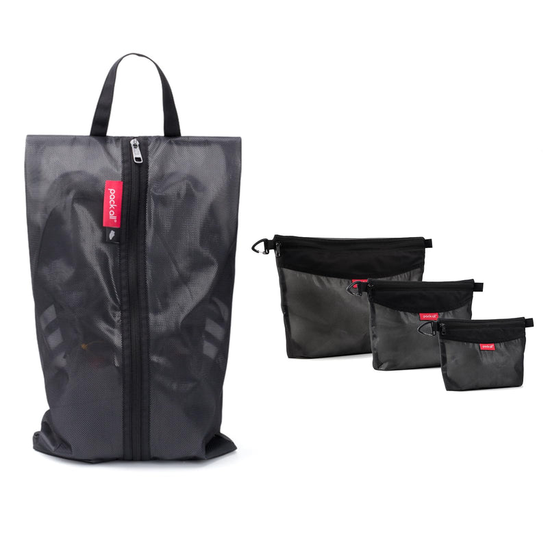 pack all Packing Organizers Bundle | 1 Dual Pocket Shoe Bag (Plus-Black) & 3Pcs Zipper Pouch Set (Black)