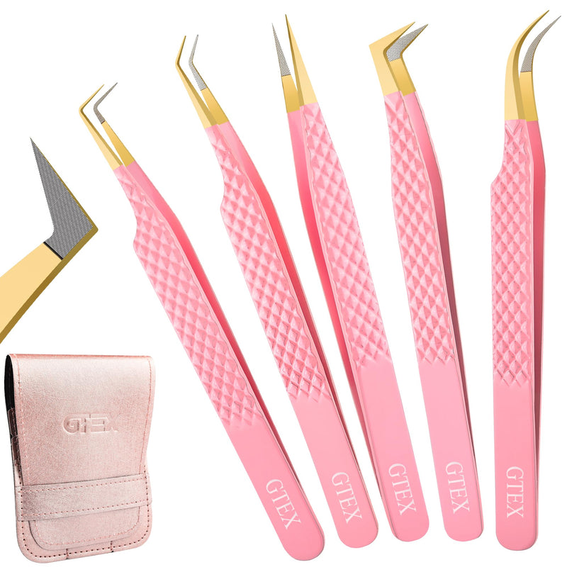 GTEX Fiber Tip Lash Tweezers For Eyelash Extension Set of 5, Professional Eyelash Tweezers For Lash Extensions - 90 45 Degree Curved Volume Tweezer Pink