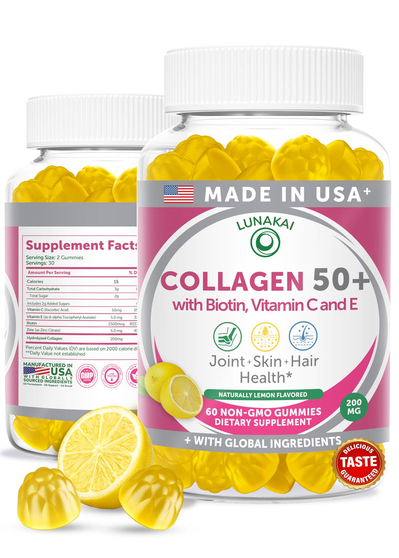 Lunakai USA Made Collagen Gummies for Women & Men Over 50, Biotin & Vitamin C, Supports Skin Elasticity, Hair & Nail Strength, Joint Support, 60ct Single Bottle
