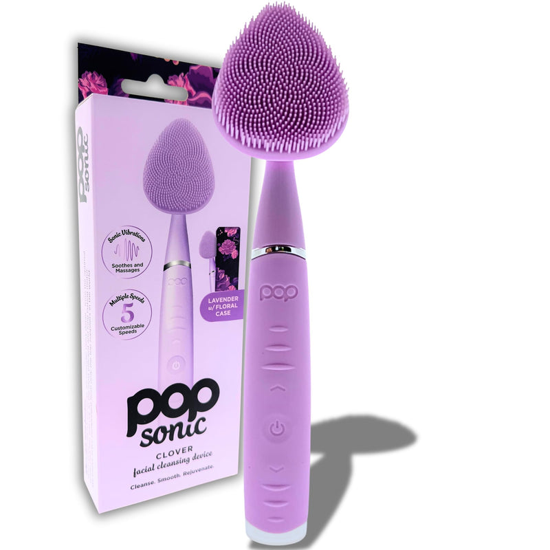 Clover Facial Cleansing Device Lavender Silicone Facial Cleaner & Exfoliator w/ 8000 Vibrations Per Minute, 5 Speeds, USB Rechargeable Face Cleaning Scrubber & Skincare Tool with Case Lavendar