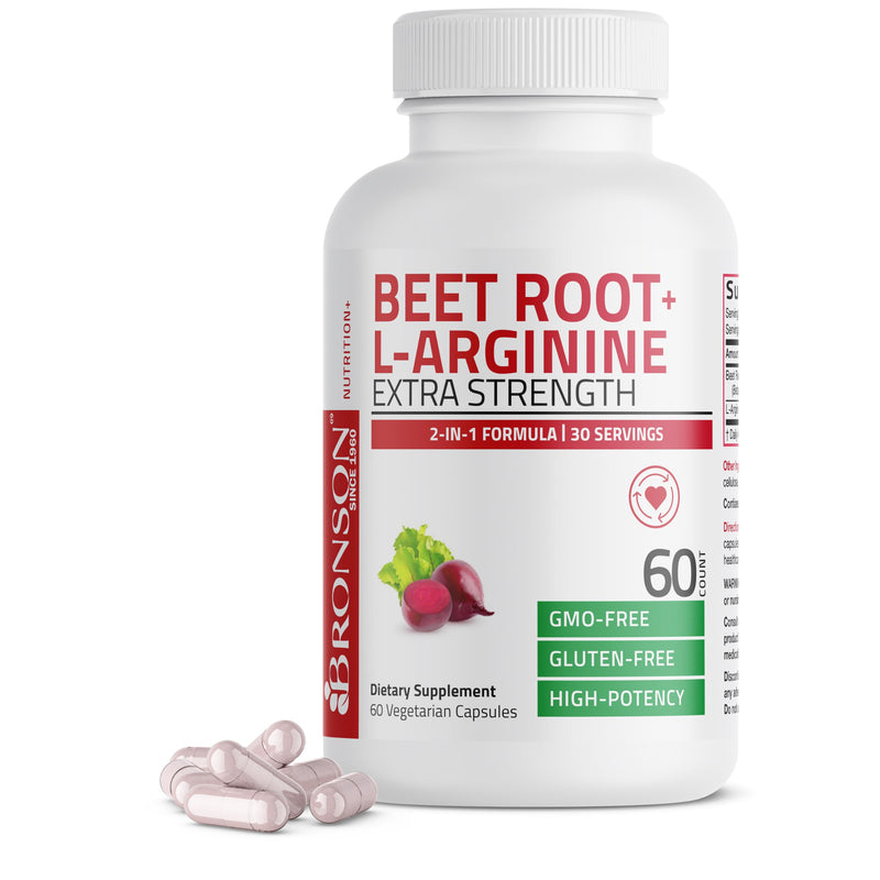 Bronson Beet Root + L-Arginine Nitric Oxide & Stamina Support, 60 Capsules | 2-in-1 Performance Formula, Cardiovascular & Circulation Support, Vegetarian, Non-GMO & Gluten-Free 60 Count (Pack of 1)