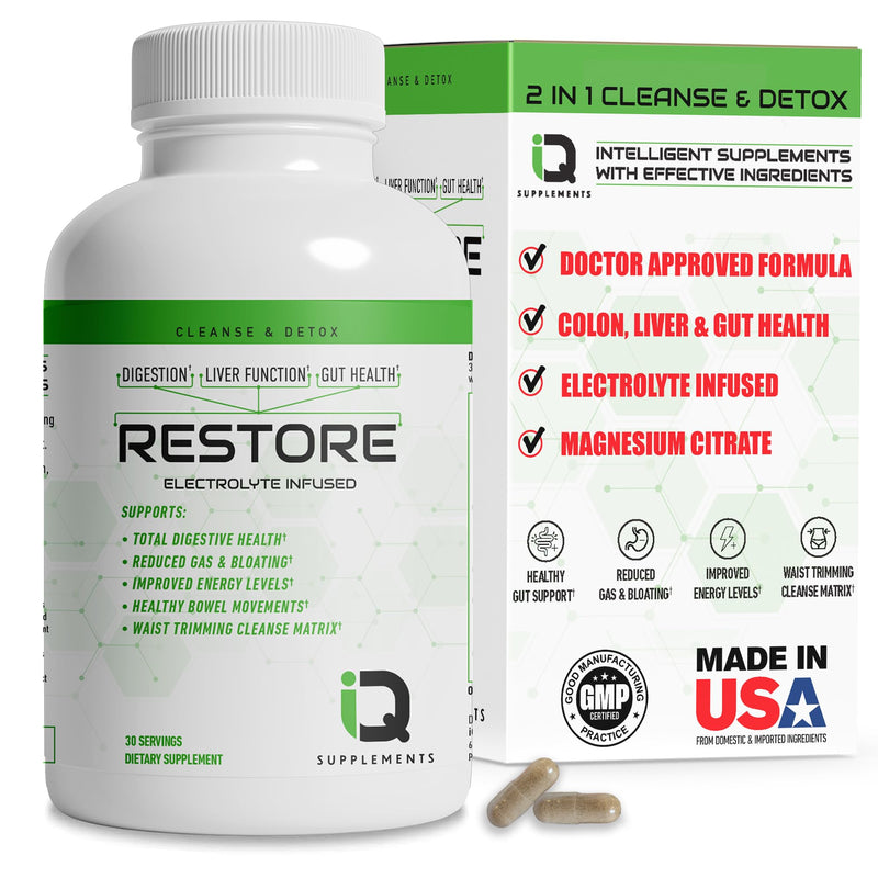 [Australia] - Restore 2 In 1 Colon Cleanse & Detox w/ Psyllium - Supports Digestion, Debloating & Constipation Relief for Women & Men, Gut Detox Cleanse w/ Magnesium | Electrolyte Infused Colon Cleanser & Detox 
