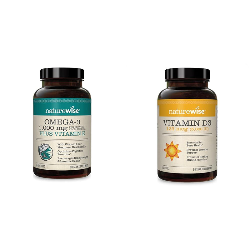 NatureWise High-Potency 1000mg Omega 3 with 600mg EPA, 400mg DHA, & Vitamin E & Vitamin D3 5000iu (125 mcg) 1 Year Supply for Healthy Muscle Function 60 Count (Pack of 1) Omega 3 + Vitamin D3 5000iu, 360 Count