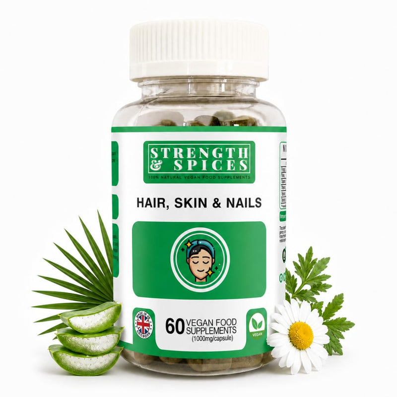 Strength & Spices Hair, Skin & Nails 100% Natural Supplement – 20 Ingredients w Biotin Selenium & Zinc - 60 Vegan UK Made 1000mg Capsules