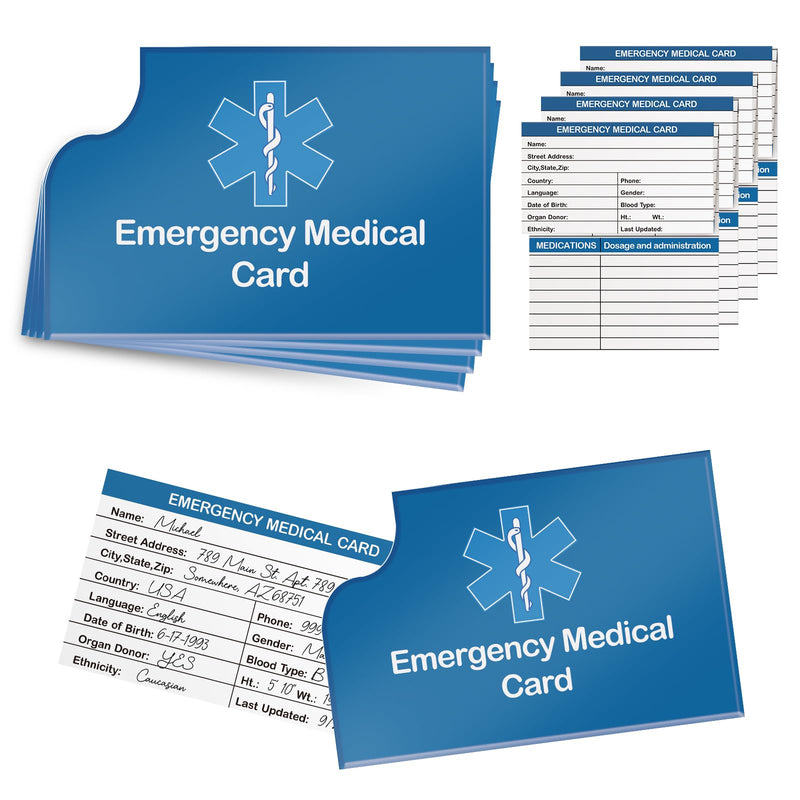 [Australia] - 4 Pack Emergency Medical Information Id Card Red Medical Condition and Emergency Contact Id Wallet Card Medical Alert Wallet Card Pocket Size Medication List and Medical Cards for Caretakers (Blue) Blue 