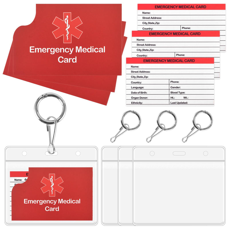 [Australia] - 4 Pack Medical Alert Keychain Emergency Medical Information Id Card Emergency Contact Card Wallet with Resealable Badge Holder for Caretakers (Red Keychain) Red Keychain 