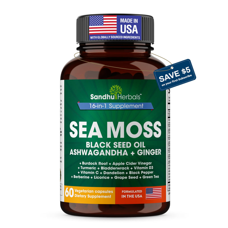 Sea Moss Capsules with Black Seed Oil Ashwagandha Ginger Burdock Root | Advanced Seamoss 60 Count | All Men Women Age