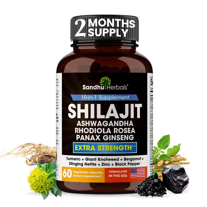 [Australia] - Sandhu Herbals Shilajit Pure Himalayan 18000mg, 60 capsules with Ashwagandha 2000mg, Rhodiola Rosea 1000mg, Panax Ginseng 1500mg, Stinging Nettle 100mg supplement for men | Made in USA 60 Count (Pack of 1) 