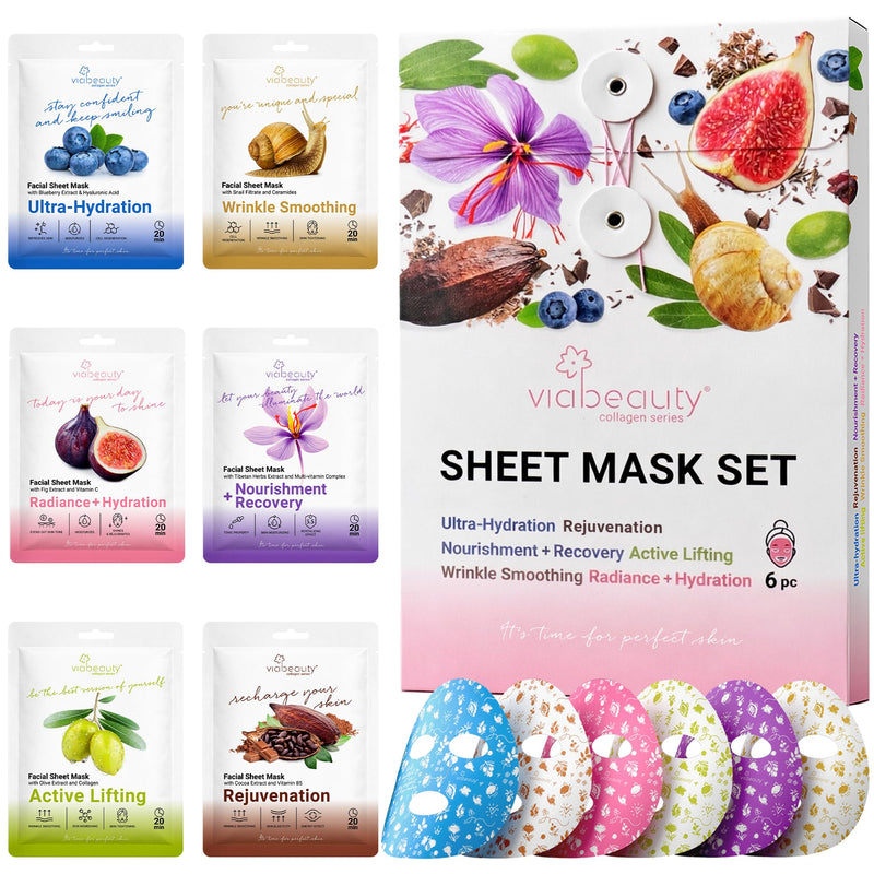 VIABEAUTY 6 Pack of Sheet Face Masks Skincare - Collagen Face Mask Sheets with Hyaluronic Acid, Vitamin C, Snail Mucin - Facial Sheet Mask for Hydrating, Moisturizing, Rejuvenating 1 Count (Pack of 6)