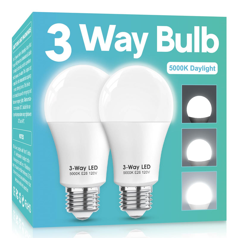 [Australia] - 3 Way LED Light Bulbs 50 100 150W Equivalent, Daylight White 5000K 3 Way Light Bulbs, A19 Three Way Light Bulbs,E26 Base 3-Way Light Bulbs for Reading,Living Room-2 Pack 2 Pack 