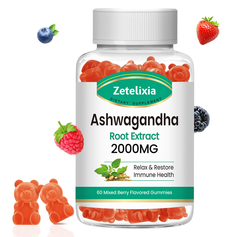 Ashwagandha Gummies, Extra Strength Vitamin D3, Organic Ashwa Root Extract Supplement for Calm Mood Relaxation & Immune Support, Mixed Berry Vegan Sugar Free Chews 60 Count 60 Count (Pack of 1)