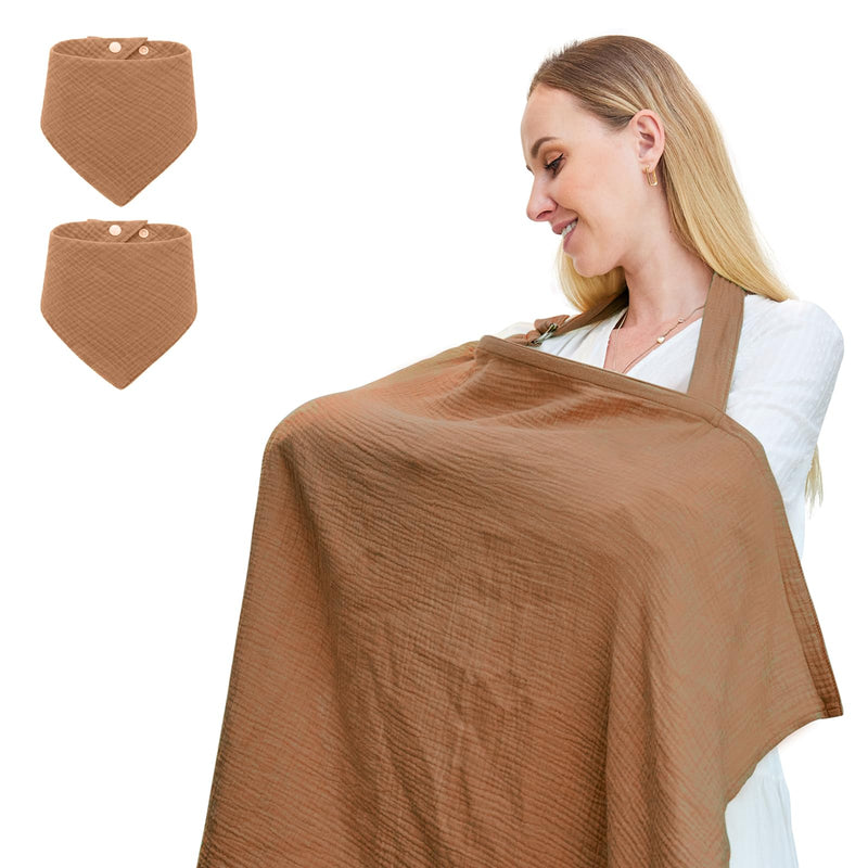 [Australia] - Muslin Nursing Cover for Breastfeeding, Breathable 100% Cotton Privacy Nursing Covers with Rigid Hoop for Mother Nursing Apron, Include Two Baby Bibs, Soft Arch Neckline Nursing Apron Brown 