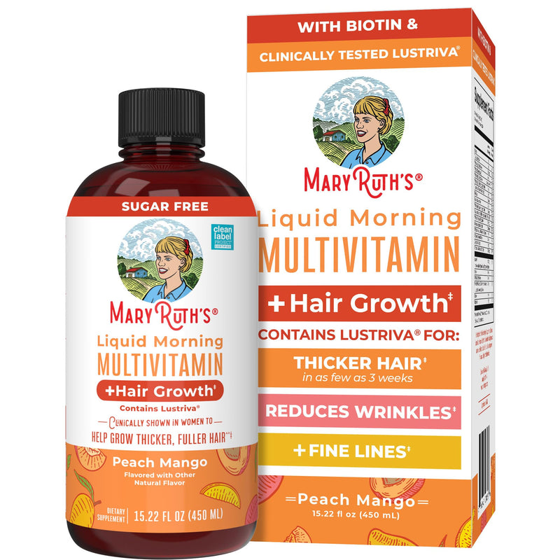 MARYRUTH'S Liquid Multivitamin + Hair Growth, Clinically Thicker Hair, 15oz | Clinically Tested in Women for Thicker Hair & Facial Wrinkles, Biotin 10000mcg, Lustriva Hair Growth Supplements, Skin Care Peach Mango 15.22 Fl Oz (Pack of 1)