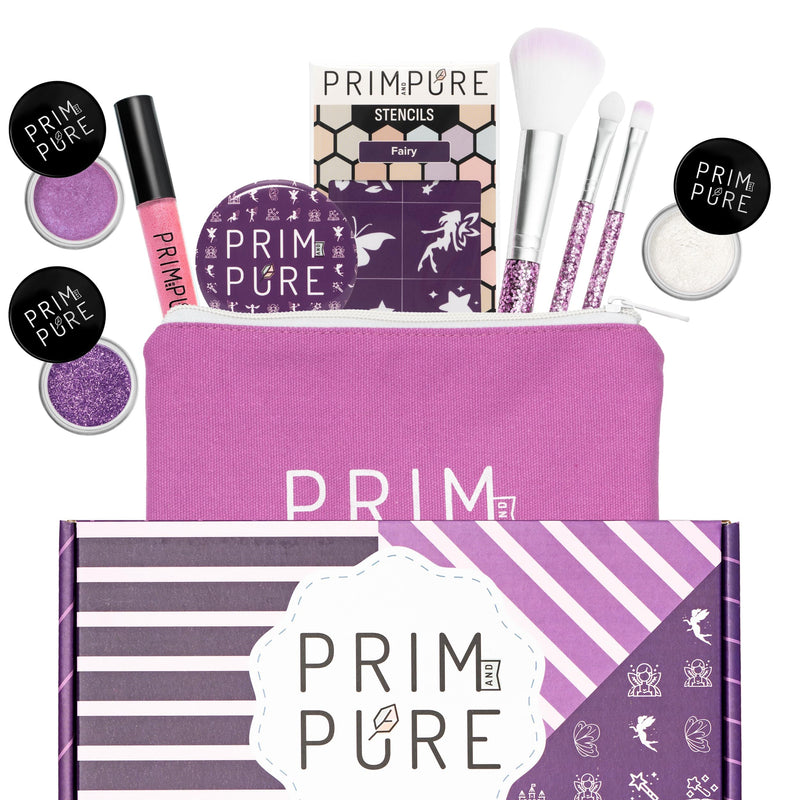[Australia] - Prim and Pure Kids Makeup Gift Set - Stencil, Makeup Eyeshadow Bioglitter Lip Gloss and Cosmetic Bag Mirror Makeup Brush Accessories (Fairy Purple) Fairy Purple 