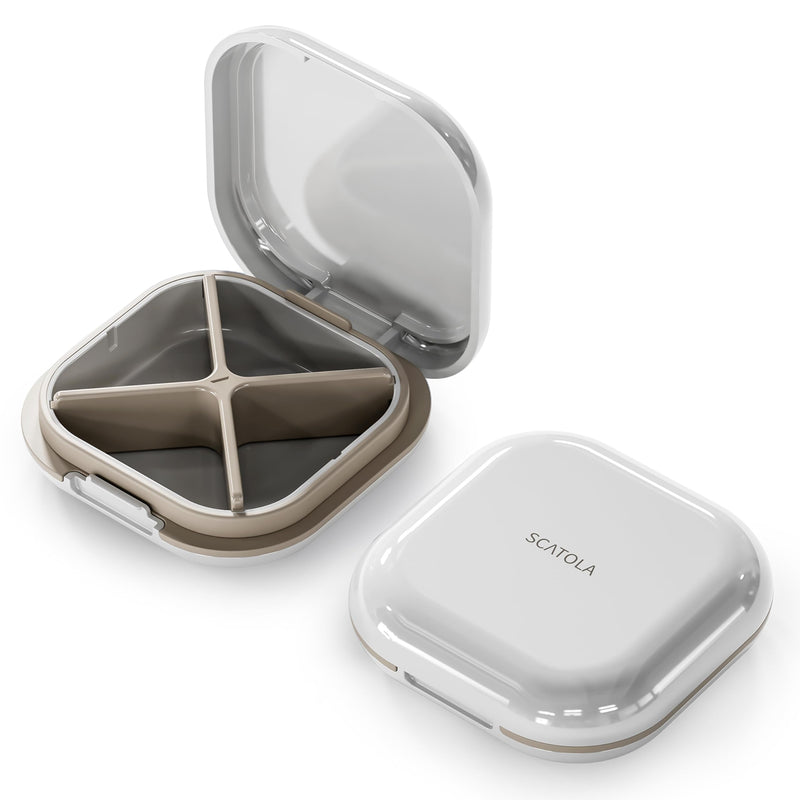 ONTERATE Small Pill Case, Travel Pill Organizer, Small Pill Box, Pill Container for Purse 4 Compartments, Daily Compact Travel Medicine Holder for Vitamins Medication (White Grey) Light Grey
