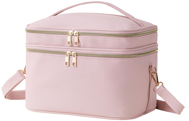 HBlife Extra Large Double Layer Travel Makeup Bag Portable Leather Cosmetic Bag Make Up Bag Makeup Case Organizer Toiletry Bag for Women Girls with Handle, Removable Divider and Shoulder Strap(Pink) Pink