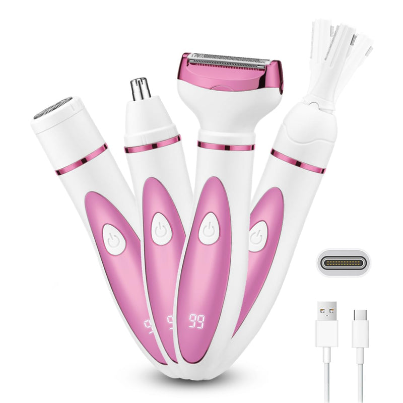 Electric Razor for Women, Bikini Trimmer Womens Shaver for Face Nose Eyebrow Body Leg Pubic Underarm Arm Ladies Rechargeable 4 in 1 Hair Removal Kit Painless Trimming, Gifts for Women (Pink) Pink
