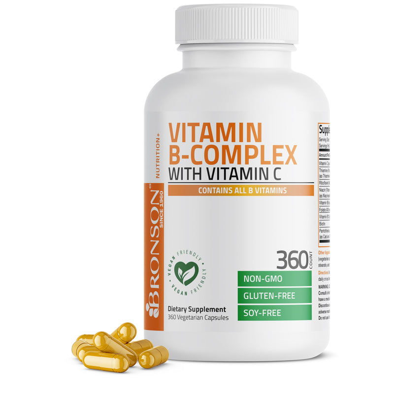 Bronson Vitamin B Complex with Vitamin C Vegetarian Capsules, 360 Count | Immune Health, Energy Support, Nervous System Support, Non-GMO, Soy-Free, Gluten-Free, Contains All B Vitamins Unflavored 360 Count (Pack of 1)