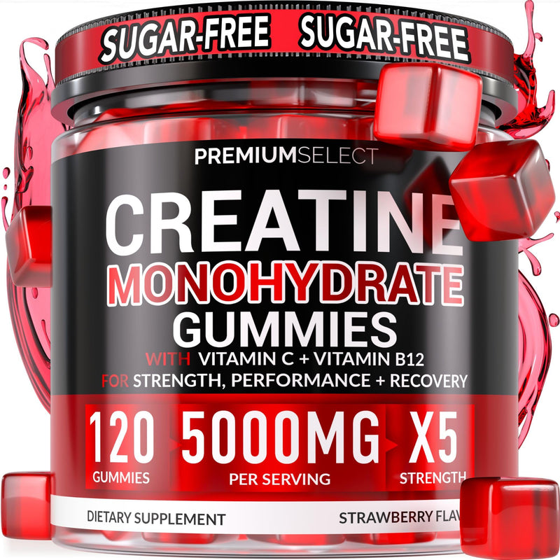 Sugar Free Creatine Monohydrate Gummies 5g Per Serving - 120 Monohydrate Creatine Gummies Advanced Complex with Vitamin C + Vitamin B12 for Muscle Strength, Energy Boost, Pre-Workout Gummy Strawberry 120 Count (Pack of 1)
