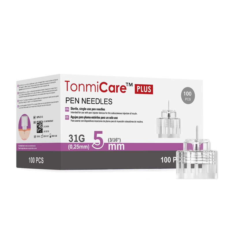 [Australia] - Plus Pen Needles 31g 5mm, Flat Pen Needle Base for Comfortable Insulin Injection, Compatible with Most Diabetes Pens and Injection Devices, 100 pcs/Box (3/16'') 