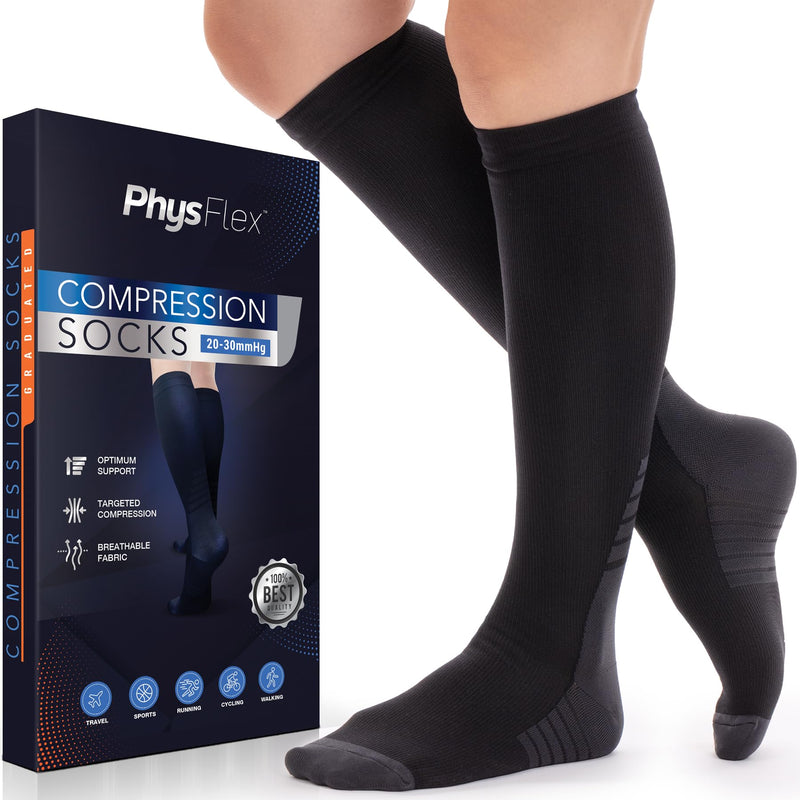[Australia] - Compression Socks for Women and Men - Best Support for Running, Flying, Pregnancy - Knee High Graduated Compression Stockings Large-X-Large Black 