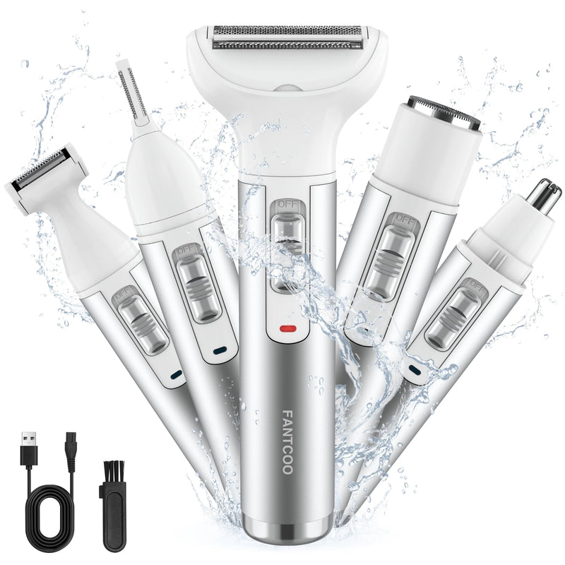 [Australia] - Electric Razor for Women Lady Shaver Hair Trimmer for Face Nose Eyebrow Beard Moustache Arm Leg Armpit Bikini Painless Rechargeable Portable 5 in 1 Lady Body Shavers Set Silver 