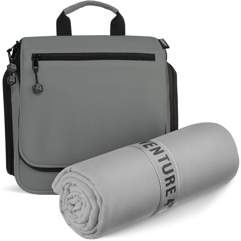 VENTURE 4TH Travel Toiletry Bag & Quick Dry Towel Set - Ideal for Camping, Hiking, Backpacking, Business Trips & More - Grey, Medium