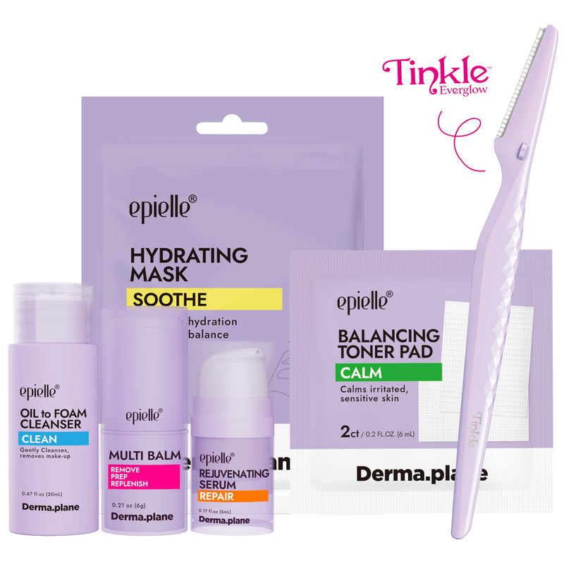 [Australia] - epielle & Tinkle Complete Safe Dermaplane Starter Kit: Safe Facial Renewal System Cleanser, Multi-Balm, Dermaplane Tool, Hydrating Mask & Serum, Peach Fuzz Removal Stocking Stuffer Dermaplaning Kit 
